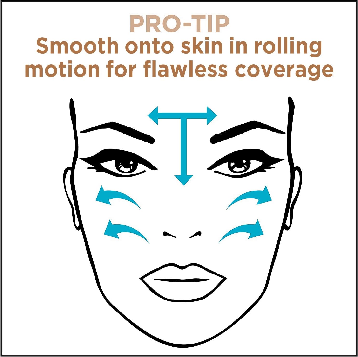 Illustration of a face with arrows showing rolling motion for flawless coverage, with text 'PRO-TIP Smooth onto skin in rolling motion for flawless coverage'.