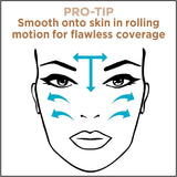 Illustration of a face with arrows showing rolling motion for flawless coverage, with text 'PRO-TIP Smooth onto skin in rolling motion for flawless coverage'.