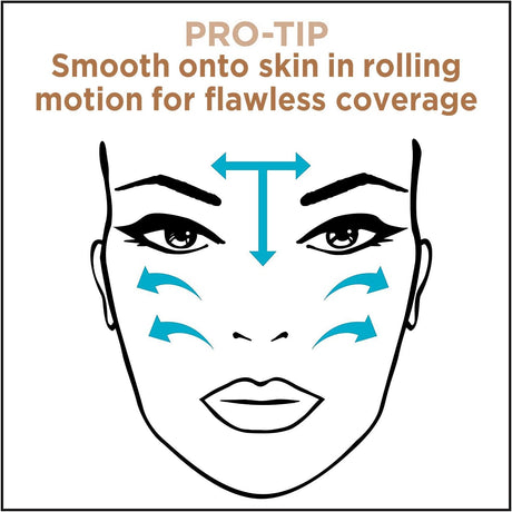Illustration of a face with arrows showing rolling motion for flawless coverage, with text 'PRO-TIP Smooth onto skin in rolling motion for flawless coverage'.