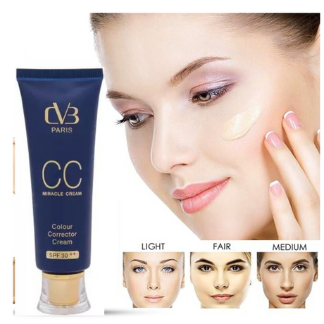 CC Miracle Cream tube with a woman applying it to her face, showing color options.
