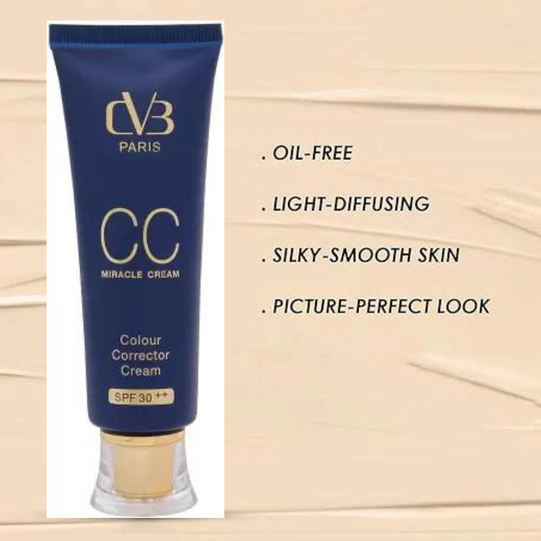 Blue tube of CVB Paris CC Miracle Cream on a beige background