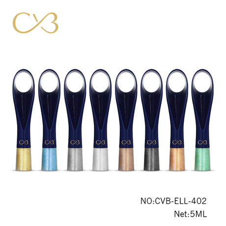 Set of blue ladles with colored handles on a white background, featuring the brand 'CV3'.