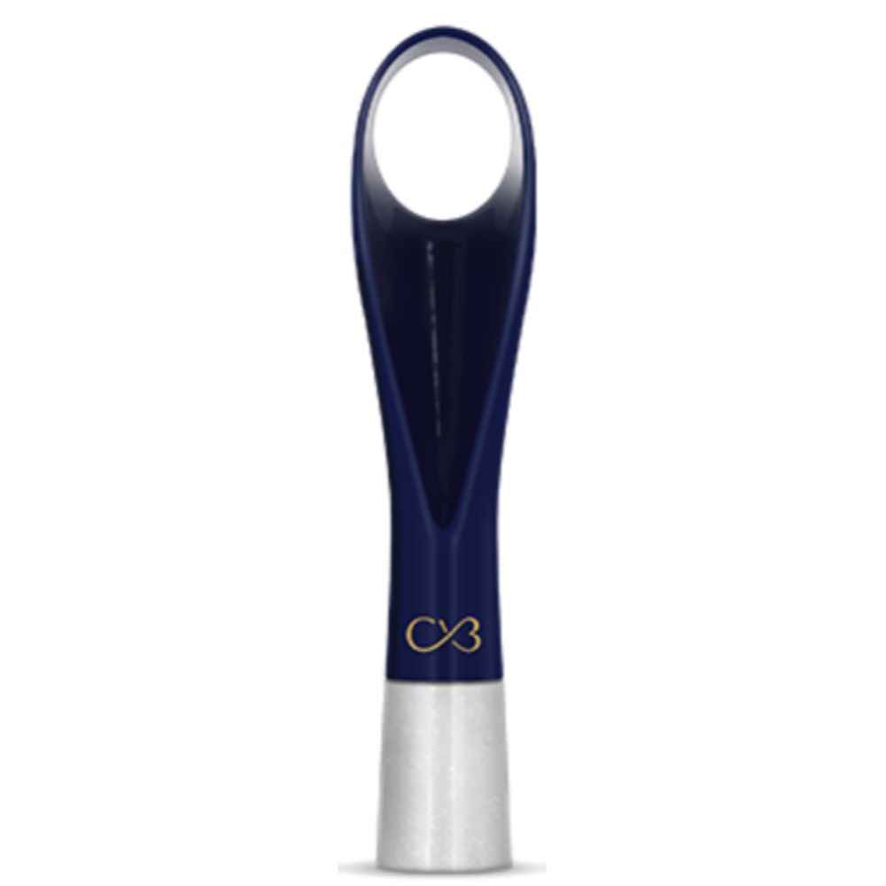 Navy blue and silver wine bottle opener on a white background