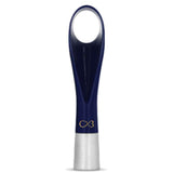 Navy blue and silver wine bottle opener on a white background