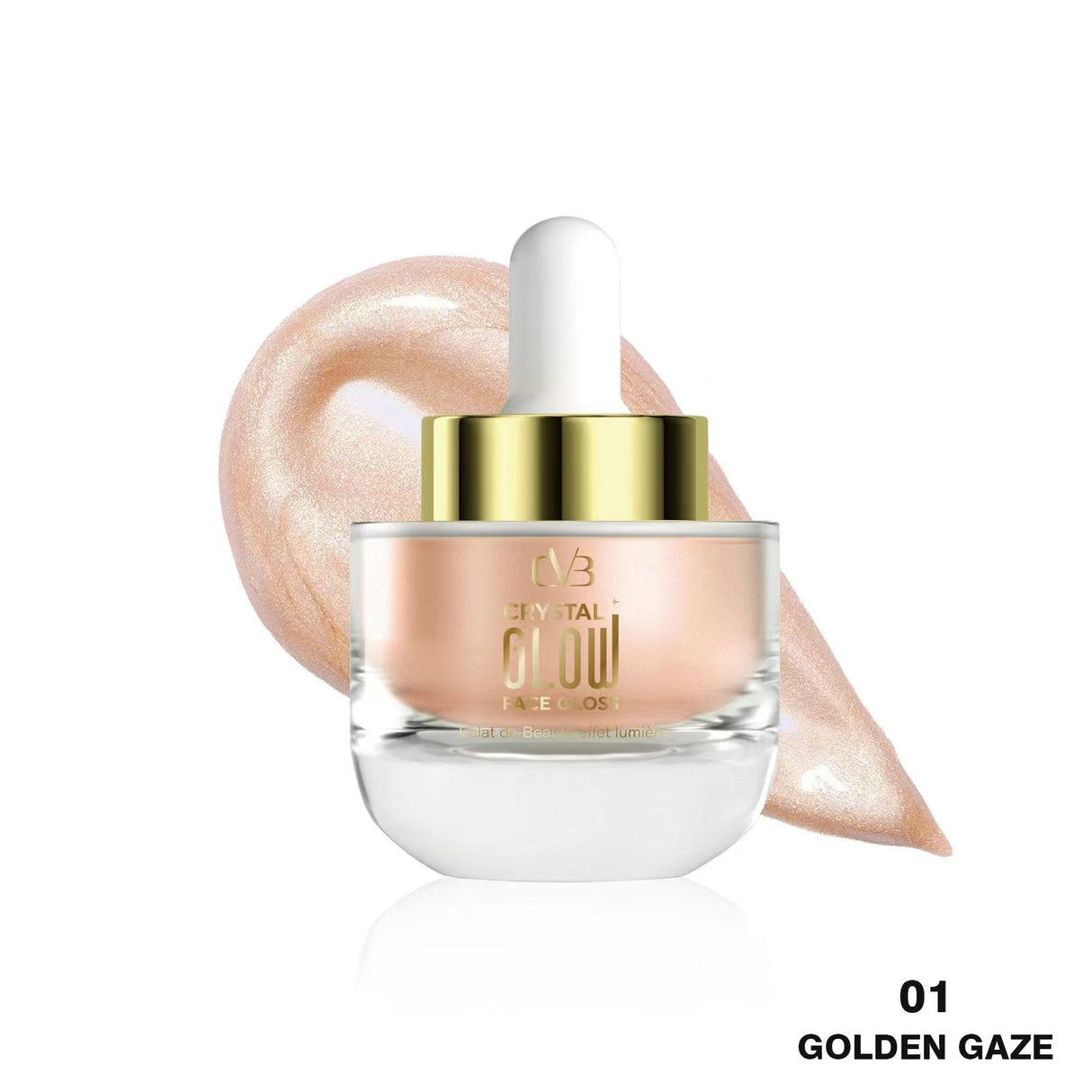 Cosmetic dropper bottle with gold cap and clear body on a white background