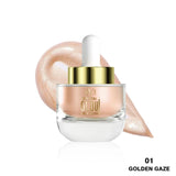 Cosmetic dropper bottle with gold cap and clear body on a white background
