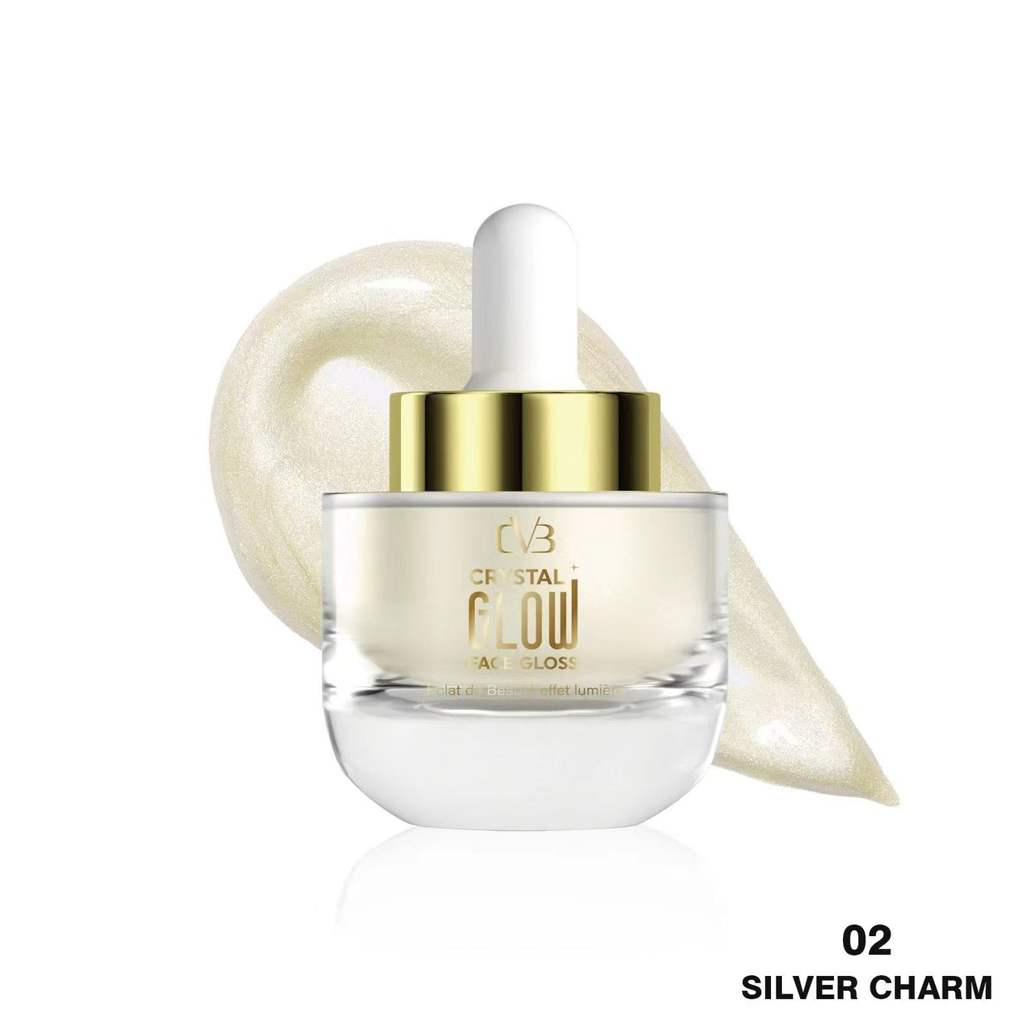 Cosmetic dropper bottle with gold cap and clear container on a white background