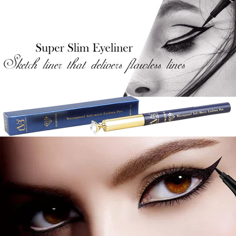 Super Slim Eyeliner with packaging and application on eye close-up
