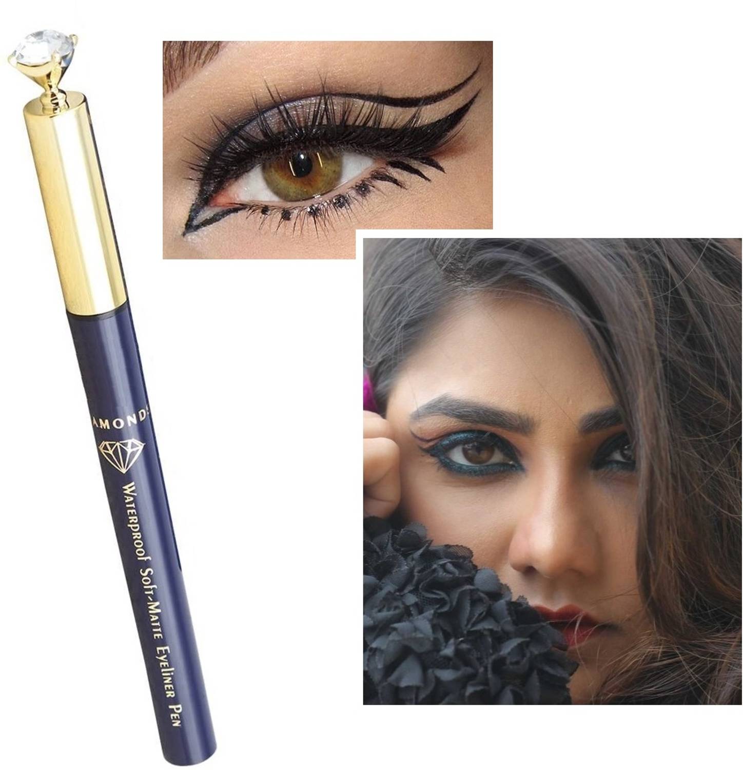 Eyeliner pen with close-up of application on eye and woman applying makeup.