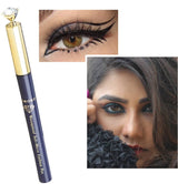Eyeliner pen with close-up of application on eye and woman applying makeup.