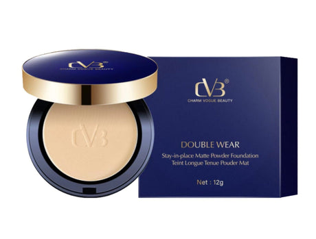 Charm Vouge Beauty Double Wear powder foundation with packaging on a white background