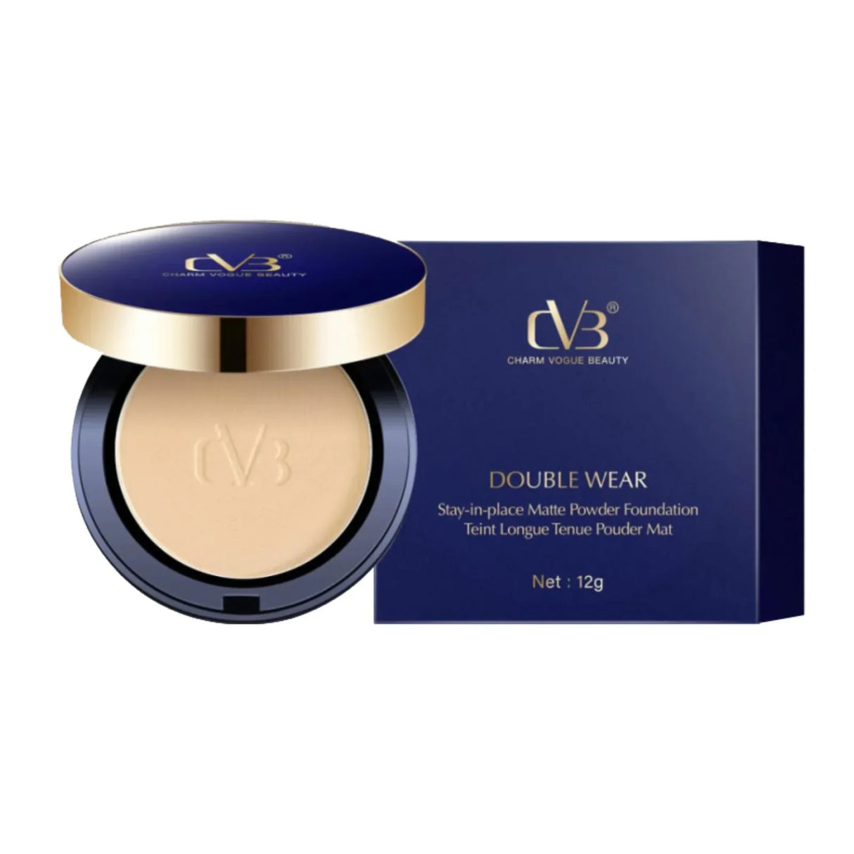 Charm Vouge Beauty Double Wear powder foundation with packaging on a white background