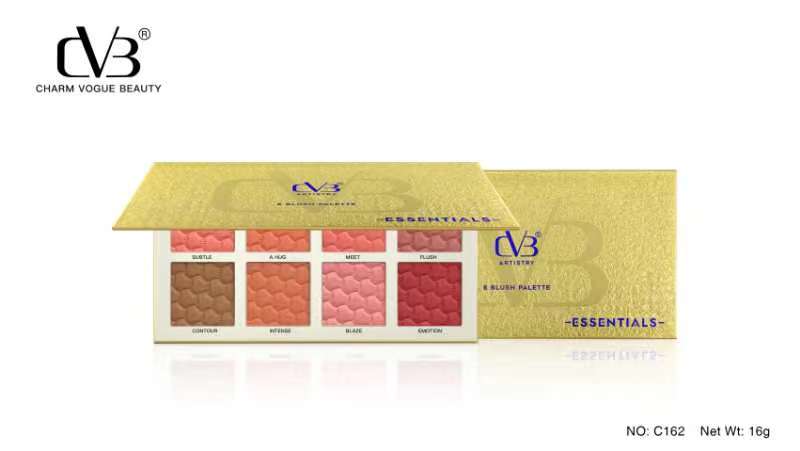 Makeup palette with colorful swatches and 'Charm Vogue Beauty' branding on a white background