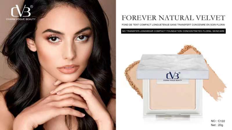 Model with makeup and compact foundation product with CVB branding