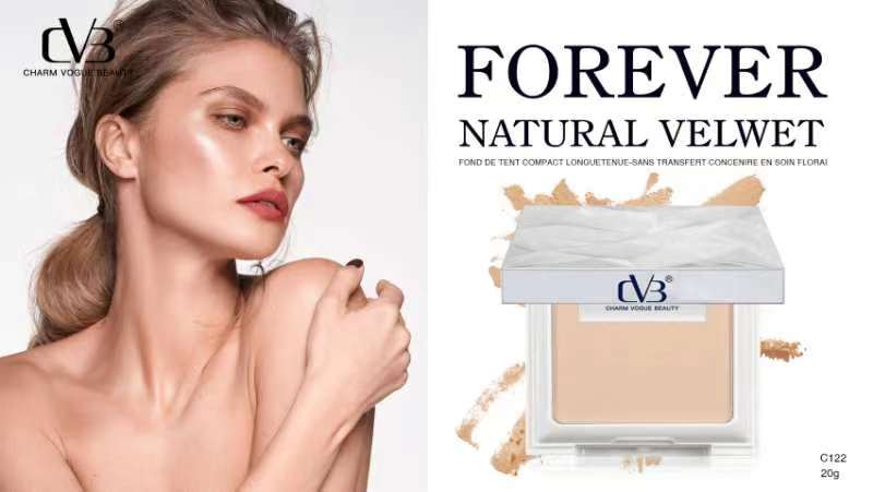 Model with makeup product labeled 'Forever Natural Velvet' by dvb