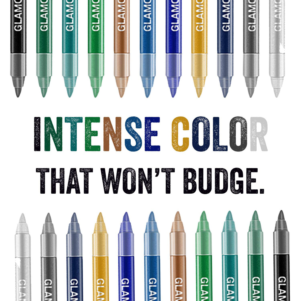 Row of colorful markers with 'GLAM' branding and text 'Intense color that won't budge.'