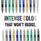 Row of colorful markers with 'GLAM' branding and text 'Intense color that won't budge.'