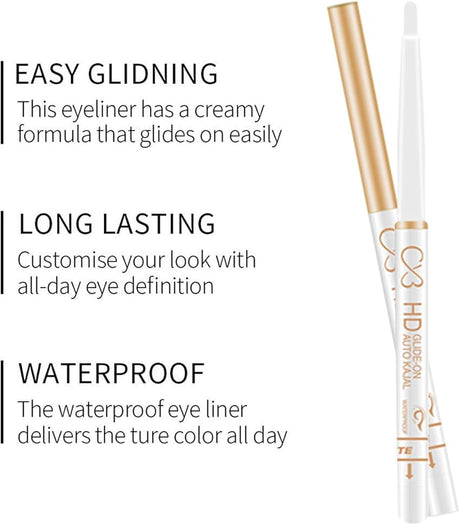Eyeliner pen with text highlighting easy gliding, long-lasting, and waterproof properties on a white background.