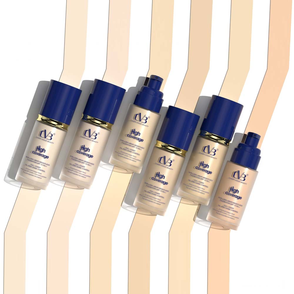 Set of IVB foundation bottles with blue caps on a white background