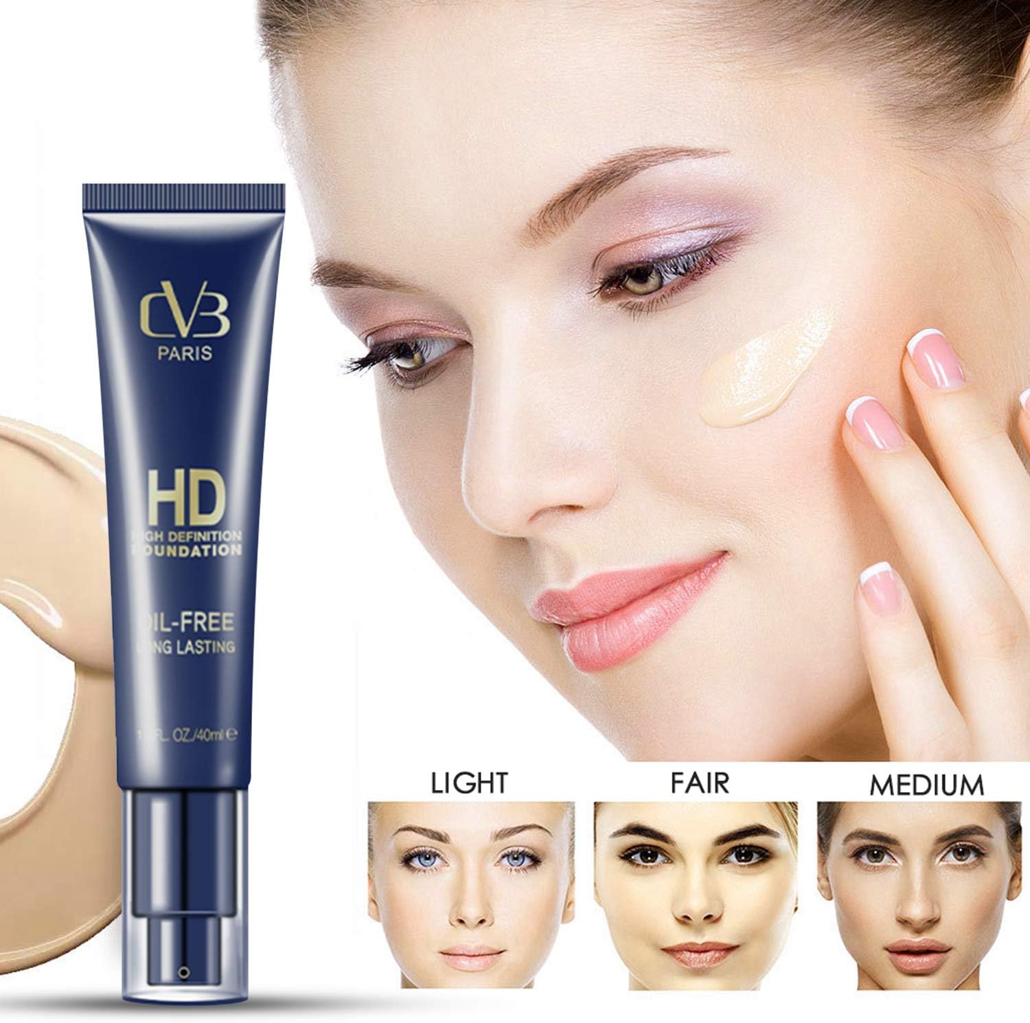 Cosmetic foundation tube with a model applying it, showing color options.