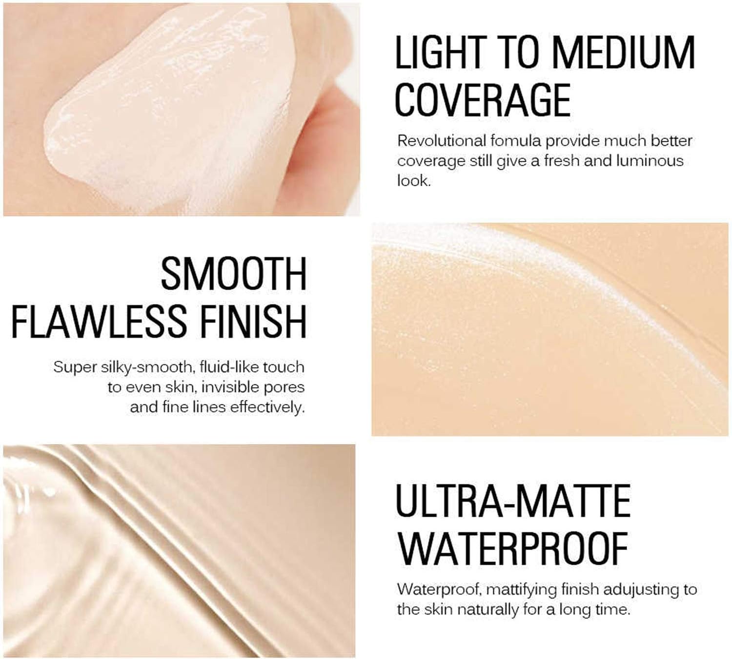 Product features with smooth finish, light to medium coverage, and ultra-matte waterproof properties.