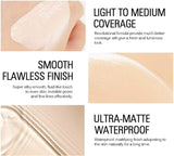 Product features with smooth finish, light to medium coverage, and ultra-matte waterproof properties.