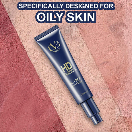 Blue foundation tube labeled 'CVB Paris' on a textured pink background with text 'Specially Designed for Oily Skin'.