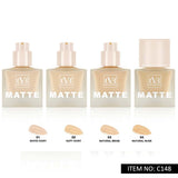 Four bottles of TV3 Matte foundation with color swatches below on a white background