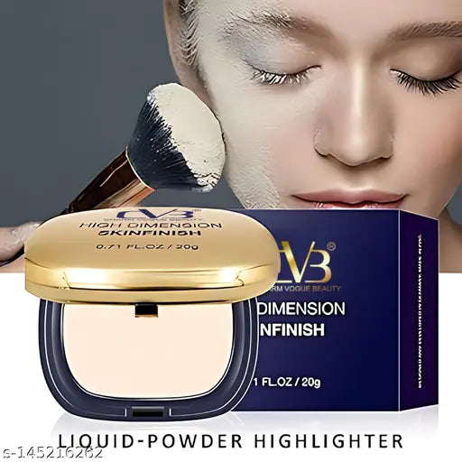 Vogue Beauty liquid-powder highlighter with brush and packaging on a gray background