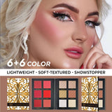 Makeup palette with color swatches and a model wearing makeup, featuring text '6+6 Color' and product details.