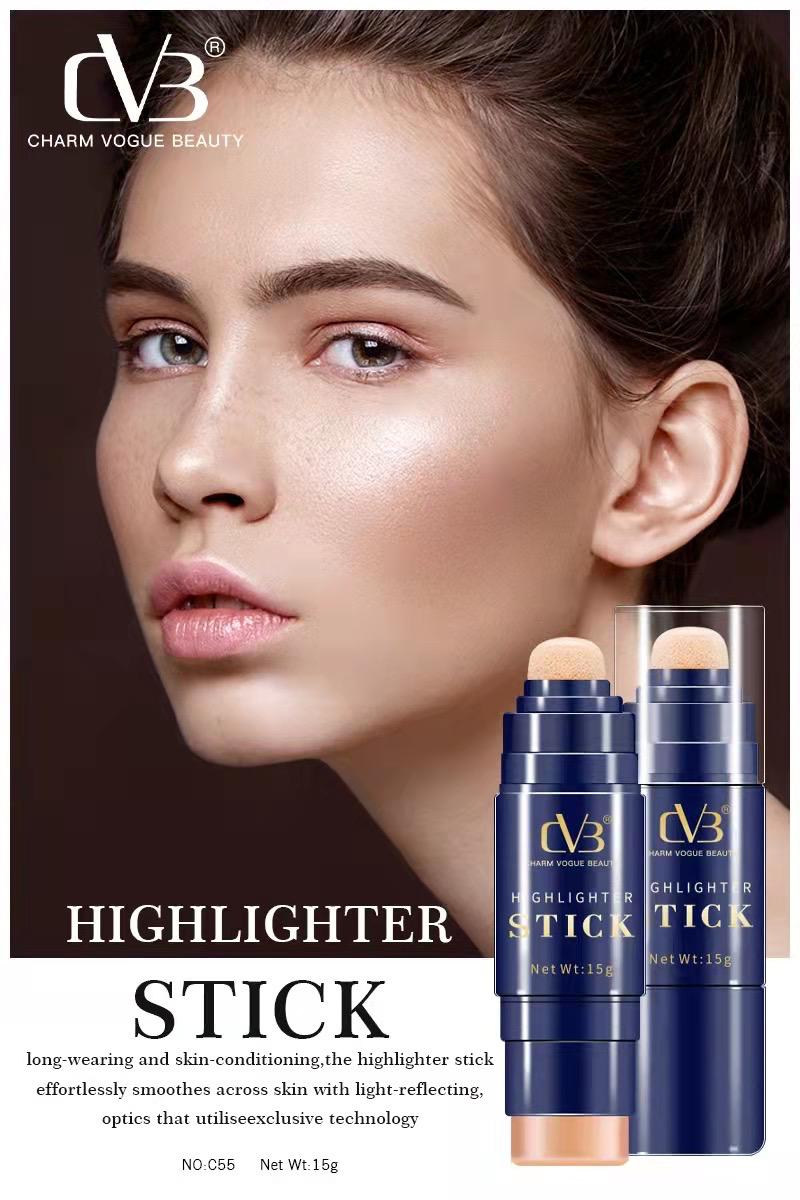 Advertisement for CVB highlighter stick with a model's face and product packaging.
