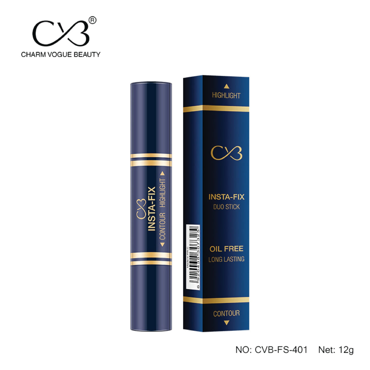 Insta-Fix Duo Stick with packaging on a white background, featuring Charm Vogue Beauty branding.