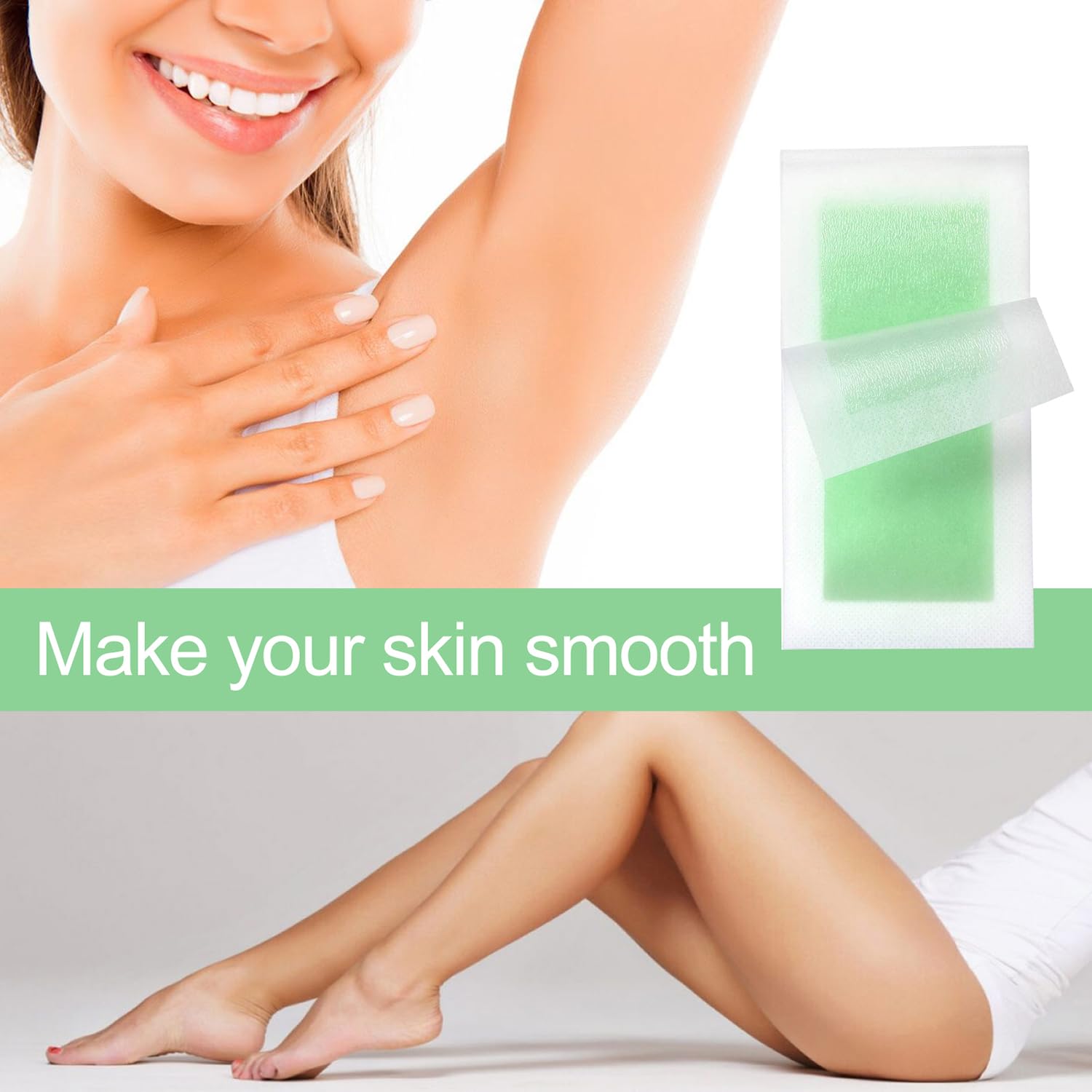 Person showing smooth skin with a close-up of a skin care product package, text 'Make your skin smooth'.