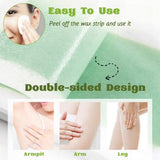 Wax strip product with instructions on use and double-sided design, shown on skin at armpit, arm, and leg.