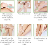 Step-by-step guide on using wax strips for hair removal with images and text instructions.