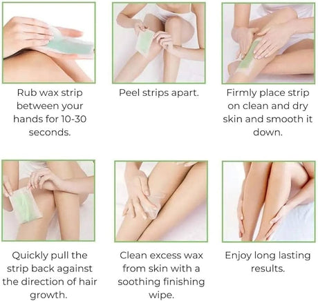 Step-by-step guide on using wax strips for hair removal with images and text instructions.
