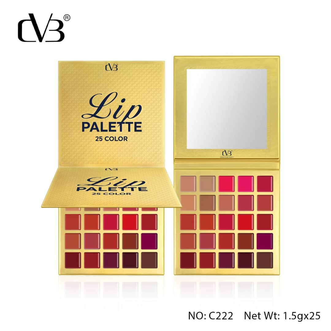 Lip palette with 25 colors and mirror, branded 'DV3', on a white background.
