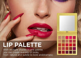 Lip palette with a close-up of a woman's lips wearing red lipstick, and text describing the product.