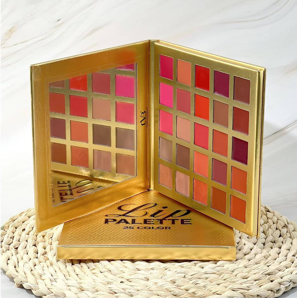 Gold lip palette with 25 color swatches on a white background