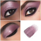 Collage of eye makeup with purple eyeshadow and black eyeliner, including close-ups and a swatch.