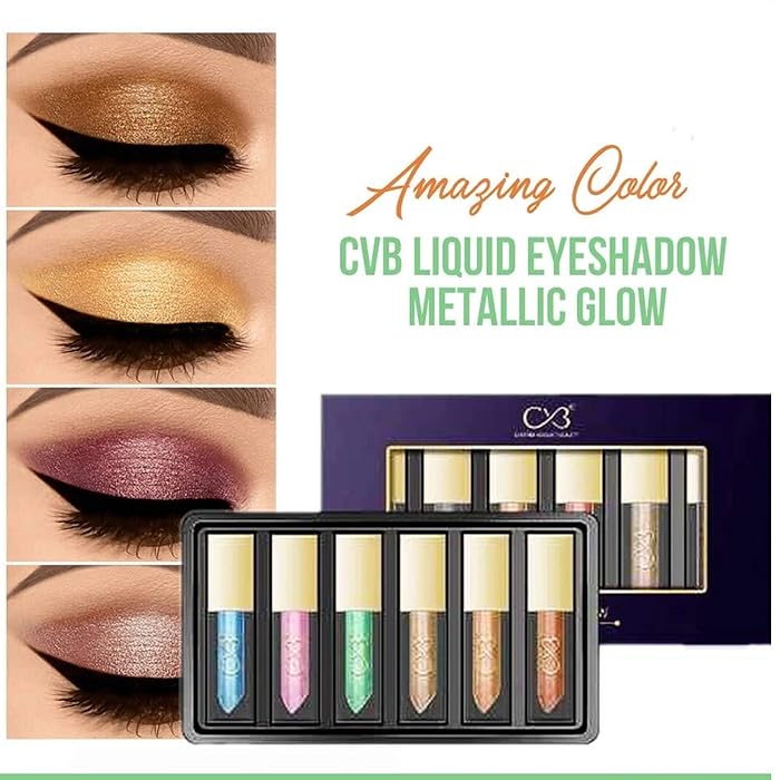 CVB liquid eyeshadow palette with metallic glow colors and close-up eye makeup application.