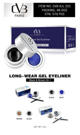 Long-wear gel eyeliner set with packaging and product details on a white background