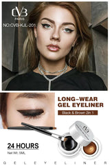 Advertisement for a long-wear gel eyeliner with a model and product close-up.