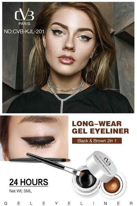 Advertisement for a long-wear gel eyeliner with a model and product close-up.