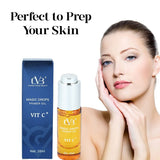 Charm Vogue Beauty Magic Drops Primer Oil with packaging and a model showcasing the product.