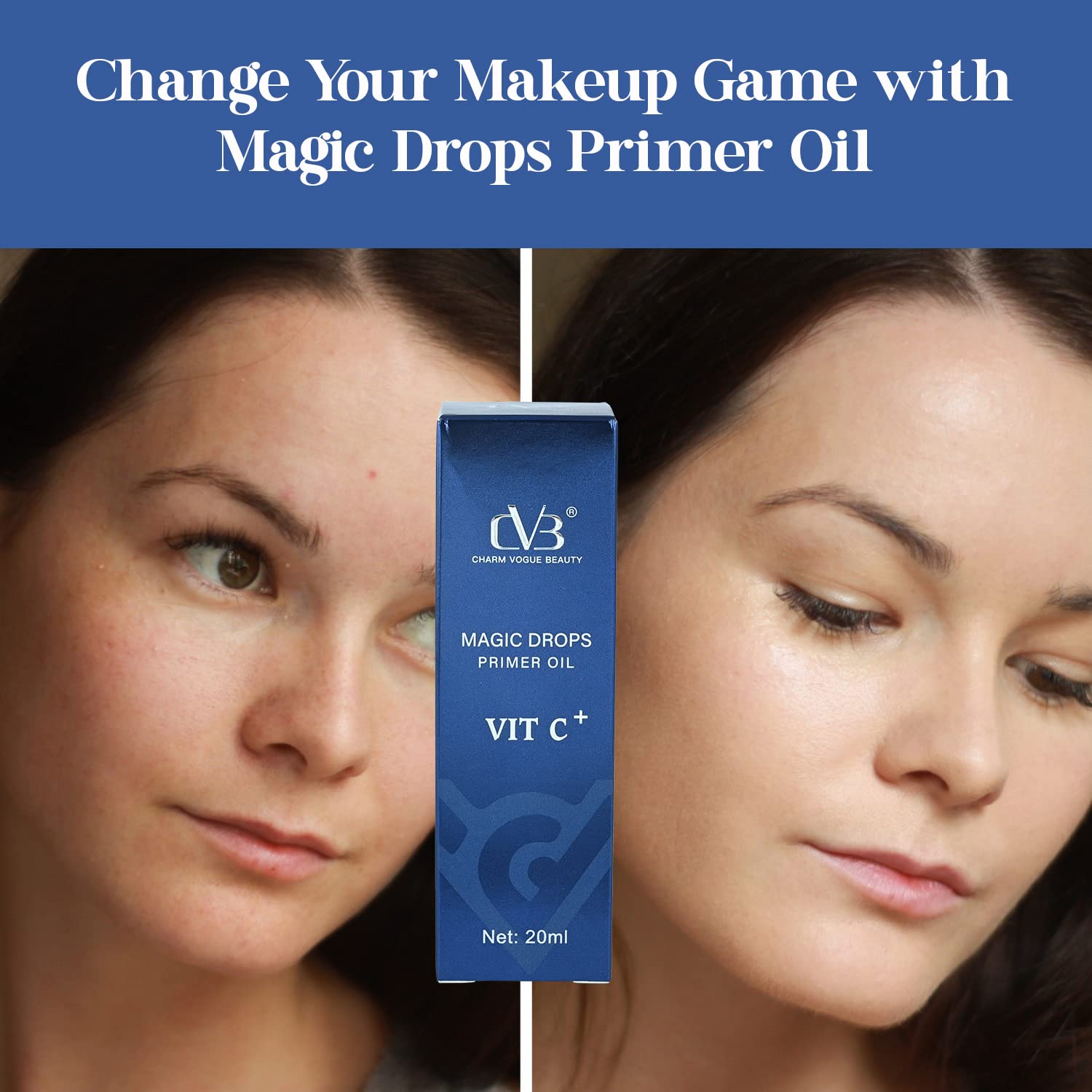Advertisement for Magic Drops Primer Oil showing a before and after effect on skin.
