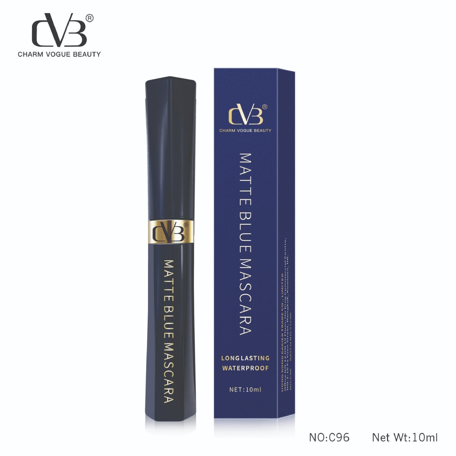 Charm Vogue Beauty matte blue mascara with packaging on a white background