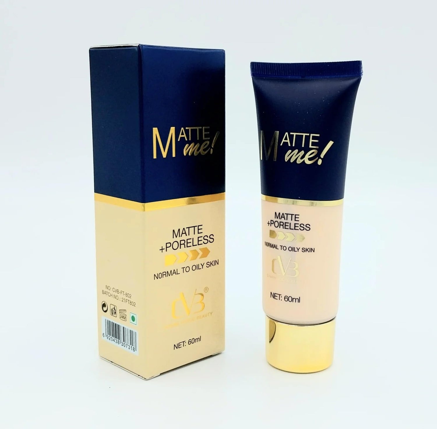 Foundation tube and packaging with 'Matte Me!' branding on a light gray background