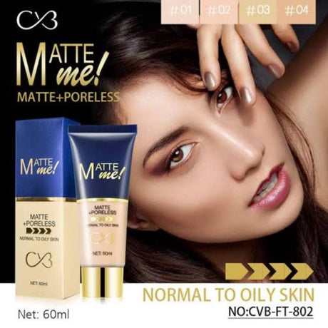 Cosmetic product with packaging labeled 'Matte Me!' on a model background