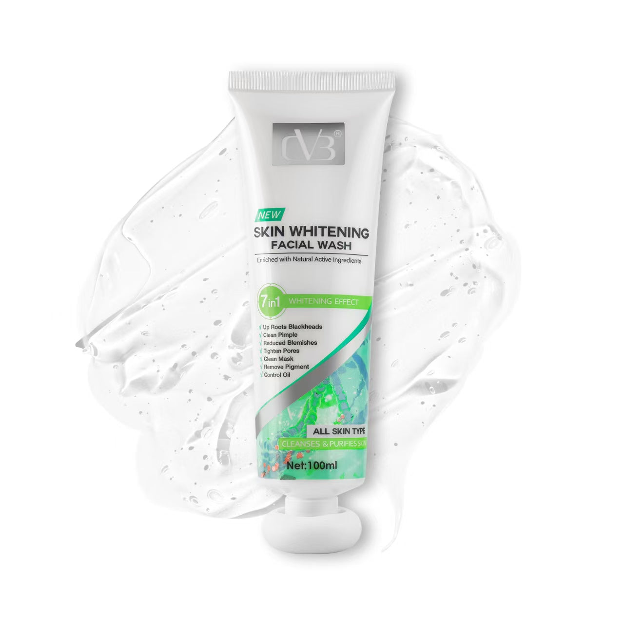 Tube of skin whitening facial wash with packaging on a white background